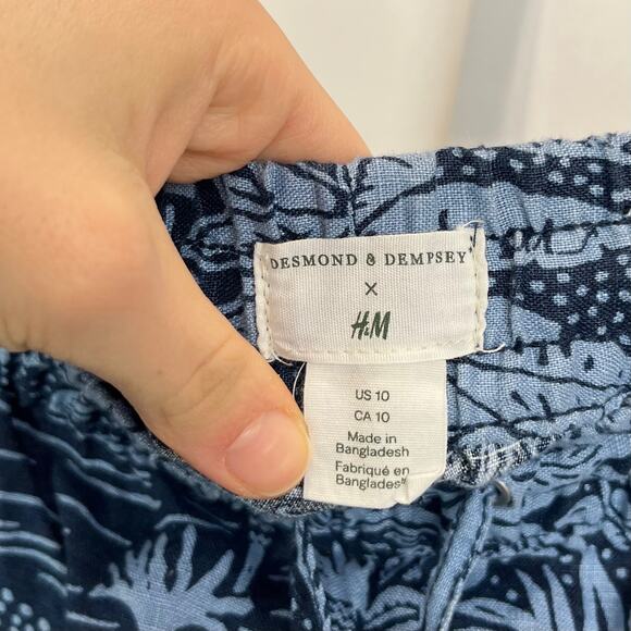 DESMOND & DEMPSEY X H&M Womens 10 Pull On Linen Pants Dark Blue Landscape Print - Picture 3 of 9